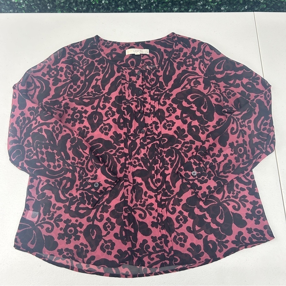 ANN TAYLOR LOFT Womens Sheer Front Long Sleeve Paisley Floral Top Blouse petite